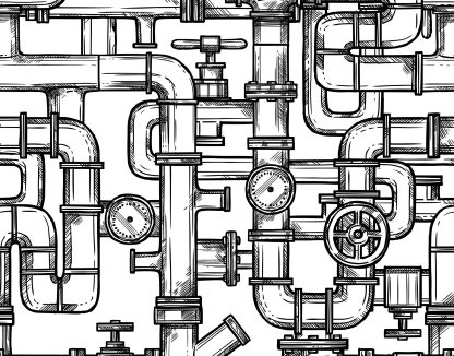 Sketch monochrome seamless pattern with pipes system doodle vector illustration