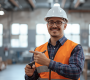 Professional stock photo of electrician wearing safety gear and hard hat, smiling, clean background, professional lighting, realistic photography style
