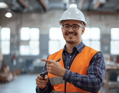 Professional stock photo of electrician wearing safety gear and hard hat, smiling, clean background, professional lighting, realistic photography style