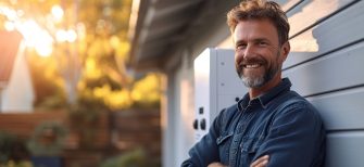 Electrician smiling and installing a home car electric charge.
