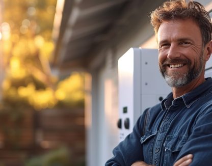 Electrician smiling and installing a home car electric charge.