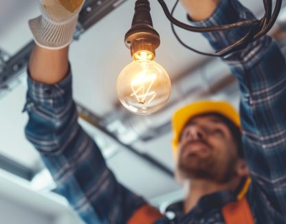 electrician working in a garage, installing light bulb electrician fixing electricity change skilled expert professional repair adult ceiling LED electric working renovation expert work DIY ladder expertise smiling support