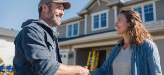 A contractor and homeowner shake hands outside a renovated home.