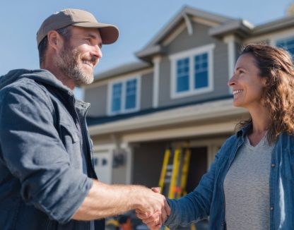 A contractor and homeowner shake hands outside a renovated home.