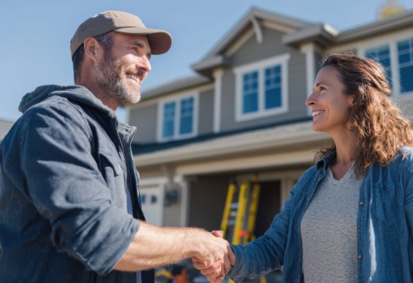 A contractor and homeowner shake hands outside a renovated home.