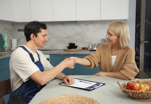 male-plumber-working-with-client-fix-kitchen-problems
