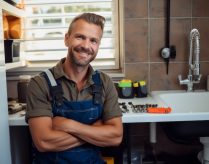 A plumber smiling in a kitchen in front of a sink
