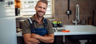 A plumber smiling in a kitchen in front of a sink