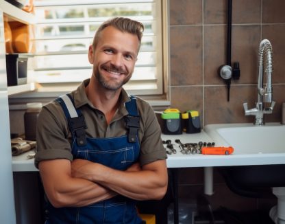 A plumber smiling in a kitchen in front of a sink