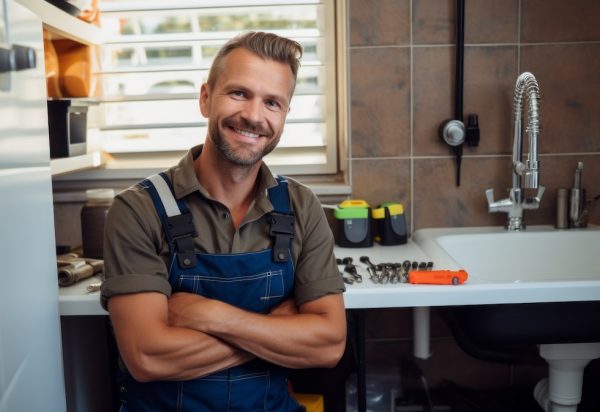 A plumber smiling in a kitchen in front of a sink