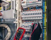 Man, an electrical technician working in a switchboard with fuses. Installation and connection of electrical equipment. Professional uses a tablet.