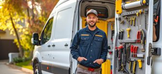 A plumber standing next to a fully equipped work van, showcasing the organization and readiness of their tools and equipment.