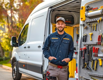 A plumber standing next to a fully equipped work van, showcasing the organization and readiness of their tools and equipment.