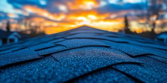 A roof with a sunset in the background.