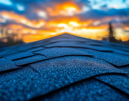A roof with a sunset in the background.