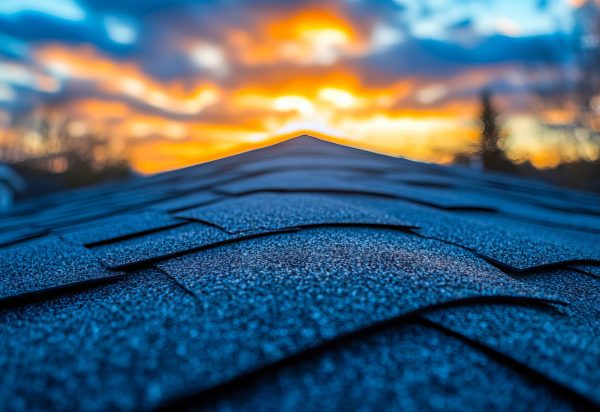 A roof with a sunset in the background.