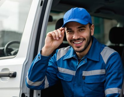 a field service worker in front of a utility van