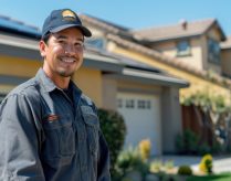 an hvac worker stands in front of a house smiling