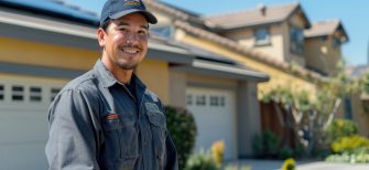 an hvac worker stands in front of a house smiling