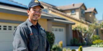 an hvac worker stands in front of a house smiling