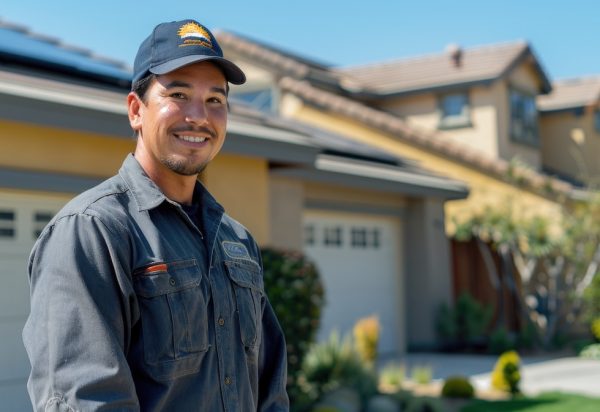 an hvac worker stands in front of a house smiling